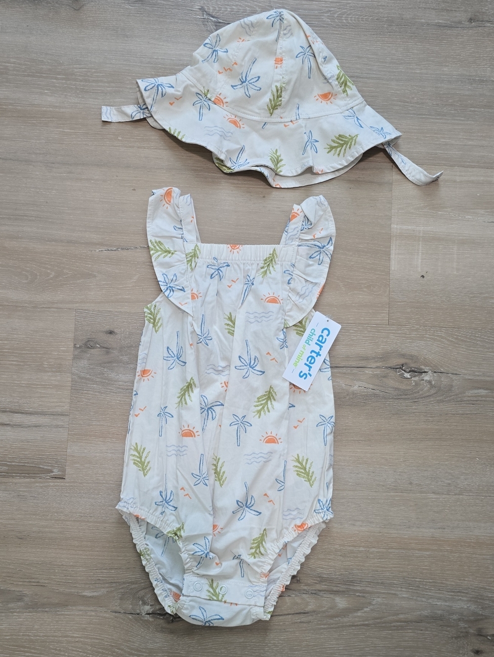 Carter's Cream Sunsuit & Sun Hat with Blue Palm and Green Foliage Print